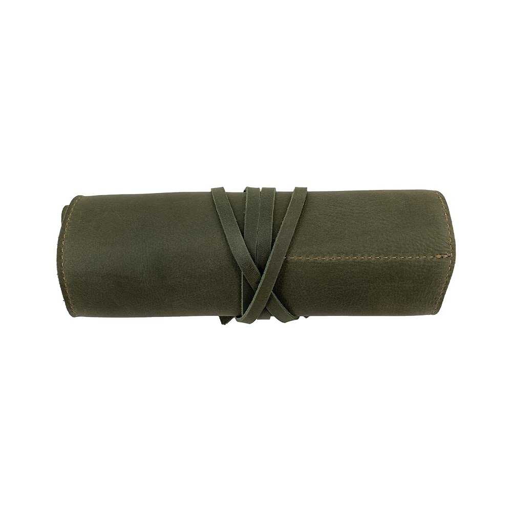 Hide & Drink, Rustic Leather Pencil Roll Pouch, Multi-Purpose Storage Wrap for Scissors, Earphones, Organizer for Craft, Work, Handmade (Dark Jade)