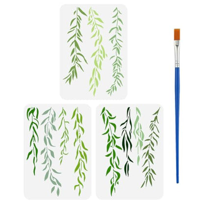 FINGERINSPIRE 3 PCS Willow Leaves Painting Stencil with a Paint Brush 8.3x11.7inch 3 Styles Weeping Leaves Stencil Leaves Vines Template for Painting on Wall Wood Furniture DIY Home Decoration