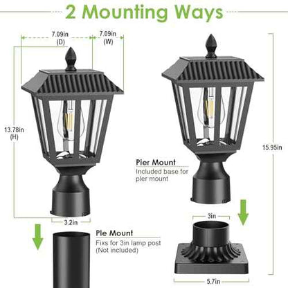 Greluna Solar Post Lamp Lights, 2 Pack 6000K Dusk to Dawn Solar Light with Pier Mount Base, Post Lights Outdoor Waterproof for Garden Yard Landscape Pole Pillar, Outside Decorative Lamp