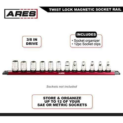 ARES 60169 ? 3/8-Inch Drive 15.5-Inch Red Twist Lock Magnetic Socket Rail - Store up to 12 Metric or SAE Sockets and Keep Your Tool Box Organized ? Magnetic Base for Easy Socket Organization