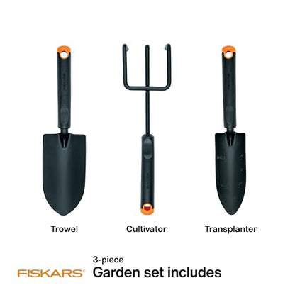 Fiskars 3-Piece Garden Tool Set - Trowel, Transplanter, Cultivator, Rust-Resistant Steel Heads, Ergonomic Handles for Planting, Digging, and Aerating Soil