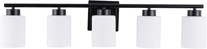 5 Light Bathroom Light Fixtures, 33.3 Inches Vanity Lights for Mirror, Black Vanity Lighting Fixtures with Milky White Glass Shades