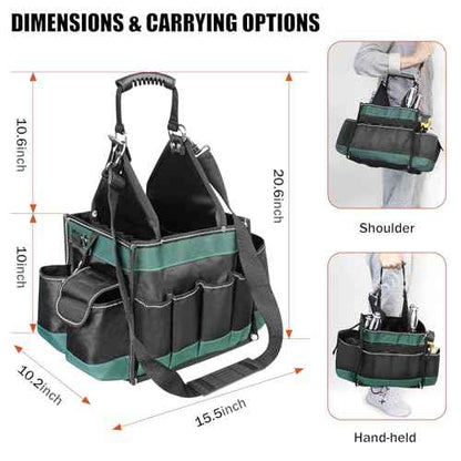 Open Top Tool Bag 15 Inch, Electrician Tool Bag with 22 Pockets, 25L Tool Bags for Men with Shoulder Strap & Reflective Strips, 1680D Waterproof Fabric, Green