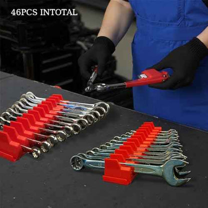 46PC Red Magnetic Wrench Organizers Set for Tool Storage - Modular Wrench Holders with Metric & SAE Labeled Slots, Extra Strength Magnet Base - Workshop & Home Toolbox Organization Gift