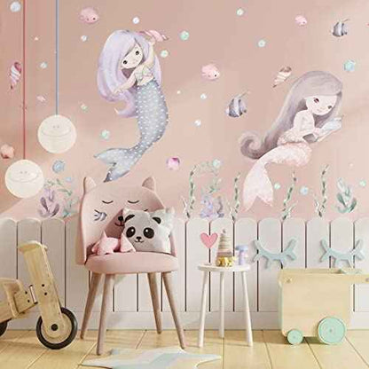 Mermaid Wall Decal Ocean Stickers Seaweed Nursery Decor Baby Girl Bedroom Playroom Princess Room Art Toddler Kid Room Bathroom Decor