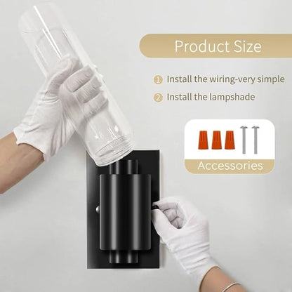 Bathroom Wall Sconces Set of Two Black , 21" Modern 2-Light Vanity Light Tube Wall Sconce, Clear Glass Indoor Hardwired Mounted Lamps for Living Room,Bedroom,Hallway-Black Clear (Bulb Not Included)