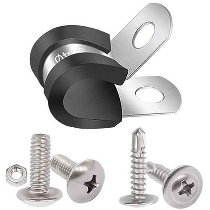 Twidec/50PCS 1/4 Inch Cable Clamp 304 Stainless Steel Rubber Coated Cushion Pipe Clamps,Metal Clamp,With Metal Rubber Clips For Automotive Wire Tube Pipe Clamps N-056-1/4