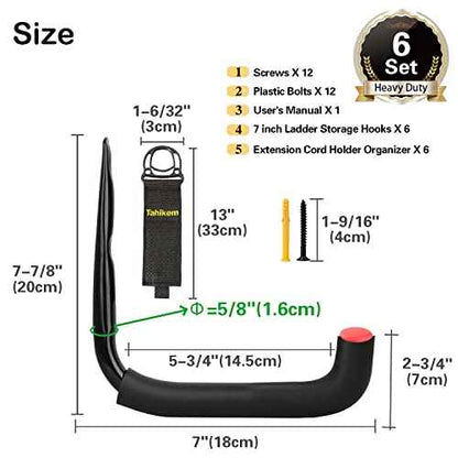 6 Set Garage Hooks - Wall Mounted, Heavy Duty, 7 Inch Large, Extension Cord Hanger, J Hooks for Ladder, Mowers, Cable Bracket - Black