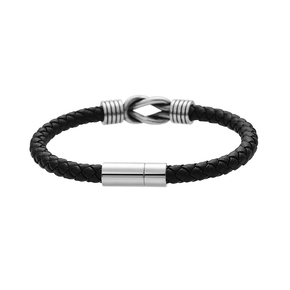 Geoffrey Beene Men's Braided Genuine Leather Knot Bracelet with Stainless Steel Closure (Black, 8.5")