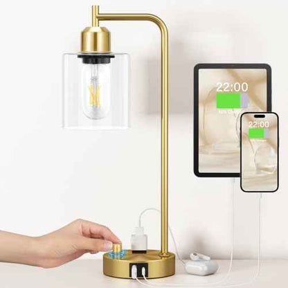 Innqoo Gold Table Lamp for Bedroom - Industrial Bedside Lamp with USB Port and Outlet, Fully Dimmable Nightstand Lamp with Clear Glass Shade, Small Desk Lamps for Home Office