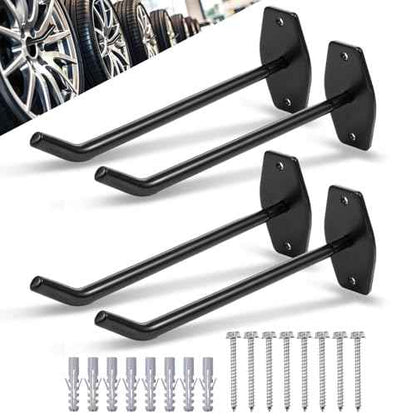 4-Pack Tire Rack Wall Mount, Heavy Duty Hooks for Storage - Garage Storage Hooks Wall Mount for Ladders, Tools & Bulk Items (88 lbs Capacity, 10"x 3.5" Black Iron)