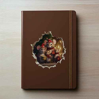 Christmas Family Mouse Hole Decal - Holidy Mice Sticker with 3D Effect