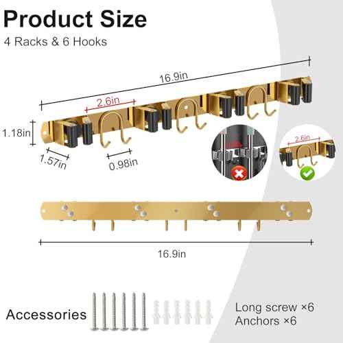 Mop Broom Holder Wall Mount, 2 Packs Gold Stainless Steel Tool Storage Organizer for Kitchen Garden Garage Laundry Room Bathroom and RV with 4 Slots 6 Hooks