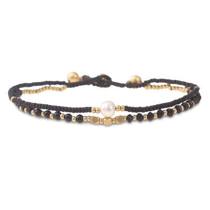 Made by Nami Boho Surfer Anklet Waterproof & Adjustable Beaded Anklets for Women Beachy Ankle Bracelet Made from Waxed Cotton Rope and Beads for Summer and Hippie Style (Black Pearl)
