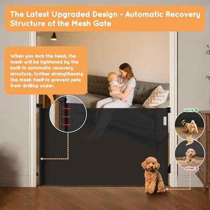 Retractable Baby Gate for Stairs, 55" Wide Mesh Pet Gate, Automatic Tension, One-Hand Operation, 38" Tall Baby Gates for Doorways, Hallways, Deck, Indoor Outdoor, Safe, Easy to Fit, Black