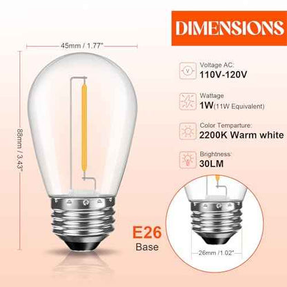 64 Pack LED S14 Replacement Light Bulbs, Shatterproof 1W Vintage Edison Bulbs for Outdoor Patio Backyard String Lights, Dimmable, E26 Screw Base, 2200K Warm White