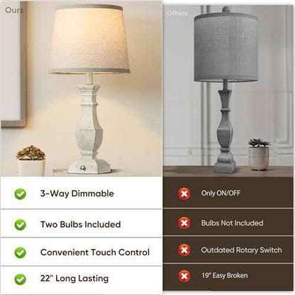ROTTOGOON Dimmable Table Lamps Set of 2, Rustic Farmhouse Table Lamps for Living Room Bedroom, Bedside Desk Lamps for End Tables, Touch Lamps for Nightstand, 9W Bulbs Included, 22", Antique White