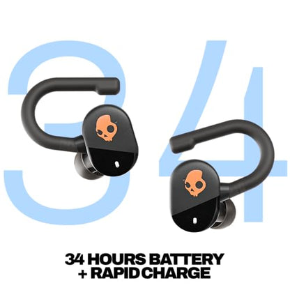 Skullcandy Push Play Active Wireless Earbuds, Bluetooth Headphones, Noise Isolating Fit, 34 Hrs Battery, Secure-Fit Over-Ear Hanger, Sweat Water Resistant, Microphone for iPhone Android - Black/Orange
