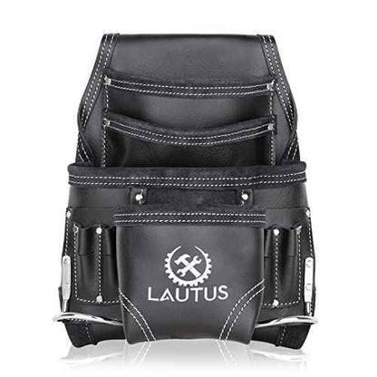 LAUTUS Oil Tanned Leather Tool Pouch Bag | Black | Carpenter, Construction, Framers, Handyman | 10 Pockets, 2 Hammer Holders | 100% Leather