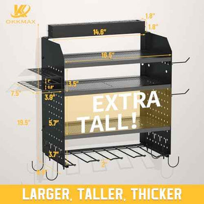 Drill Holder Wall Mount with 8-Outlet Charging Station, 190lbs Load 4 Layers Carbon Steel Heavy Duty Power Tool Organizer Wall Mount for Garage & Workshop, 4 Drill Holders, Modular Pegboard Rack