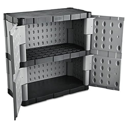 Rubbermaid Freestanding Storage Cabinet with Doors 18"D x 36"W x 37"H Medium Gray/Black Two-Shelf Lockable Cabinet for Indoor/Outdoor/Garage Storage for Garden Tools/Lawn Care Accessories