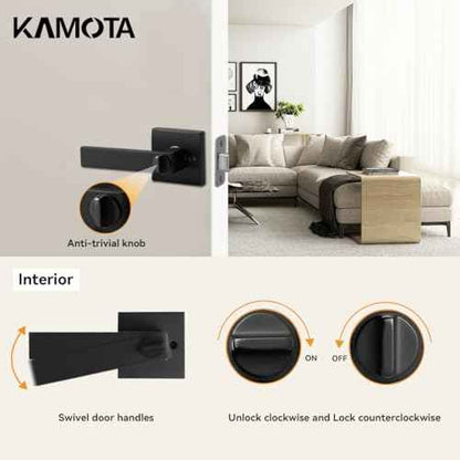 KAMOTA Privacy Door Levers, 5 Pack Matte Black Door Handles Bed and Bath Door Locks Interior Keyless Locksets, Left and Right Hand Reversible