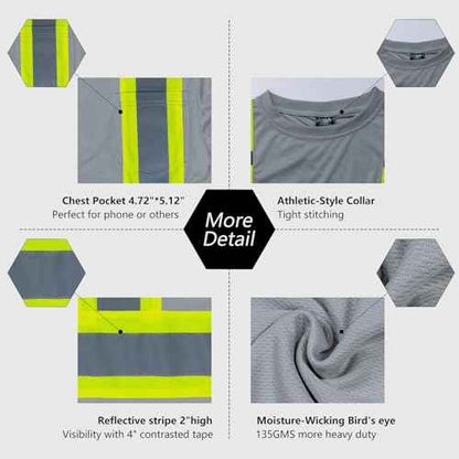 VENDACE Men's High Vis Safety Work T Shirt ANSI Class 1 Reflective Long Sleeve Shirt with Pocket(Grey,L)