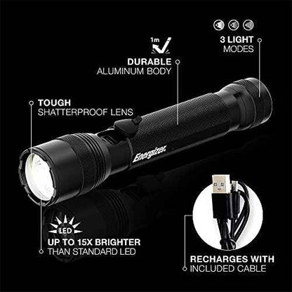 Energizer TacR-1000 Flashlight Rechargeable, Bright Rechargeable Tactical Flashlight for Emergencies and Camping Gear, Water Resistant Flashlight, USB Included