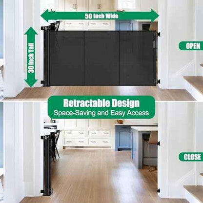 Reinforced 50" Wide Retractable Baby Gate Retractable Dog Gate with Support Rods - Anti-Bottom Crawl, Mesh Gate Retractable Gate Outdoor Retractable Pet Gate Indoor Doorway/Hallway/Stair Gate, Black