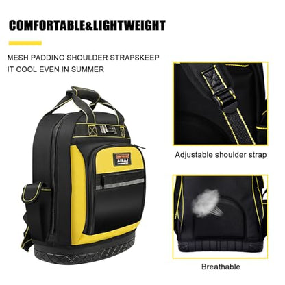 AIRAJ Heavy Duty Tool Backpack,17 Inch Tool Bag Backpack with Waterproof Molded Hard Base,Durable Tool Bag with Reinforced Stitching,Waist-Support,Work backpack for Industrial,Electrician,Construction