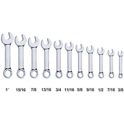 Premium Stubby Combination Wrench Set with Roll-up Pouch, 11-Piece, SAE, 3/8¡± to 1¡±, No Skipped Inch Size | Cr-V Steel, Mirror Polished Finish | Short Length and Slim Body, Perfect for Confined Areas