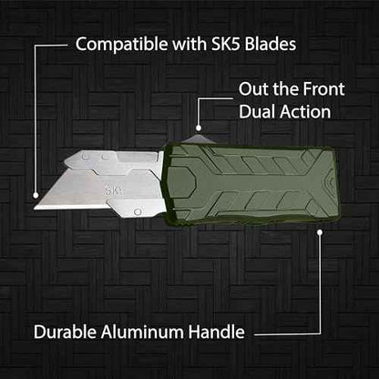OTF Box Cutter Automatic Utility Knife Dual Action Out the Front (Contoured Green)