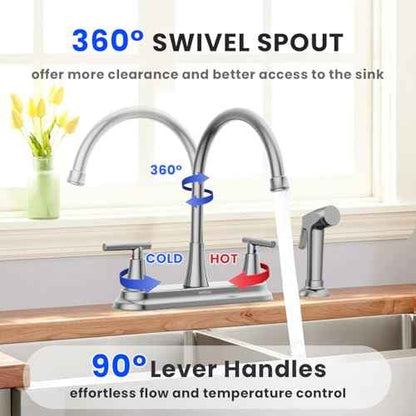 HURRAN 2-Handle Kitchen Faucet with Pull-Out Side Sprayer, 8 Inch High Arch Stainless Steel 360¡ÆRotating Kitchen Sink Faucet, 4 Hole Faucet for Kitchen Bar Rv Camper, Nickel