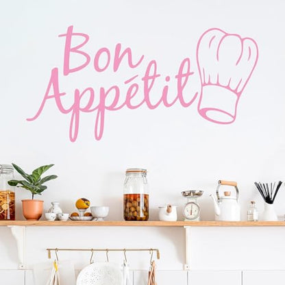 Pink Bon Appetit Kitchen Wall Sticker, Removable Vinyl Decal, Heart Shape, Classic Style, 23.6in x 11.8in