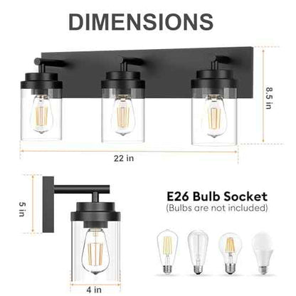 IZORRO Bathroom Vanity Light Fixture, 3-Light 22 Inch Matte Black Bathroom Light Fixtures Over Mirror, with Clear Glass Shade, Modern Farmhouse Vanity Lights, Rustic Restroom Lighting Fixtures