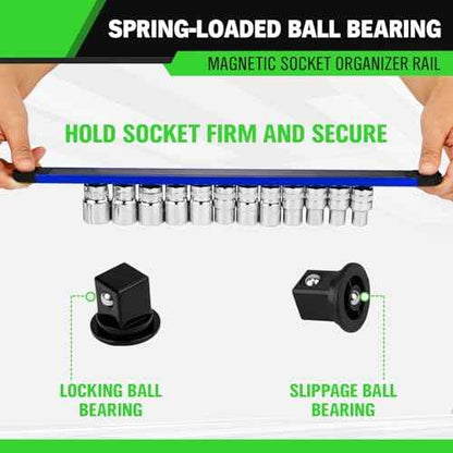 4-Piece Magnetic Socket Organizer Kit, 1/4'' 3/8'' 1/2'' Heavy Duty Socket Holder Holds 40 Clips, Aluminum Sockets Rail for Tool Box Drawer with 1/4'' Slidable Drill Bit Organizer Holds 40 Bits
