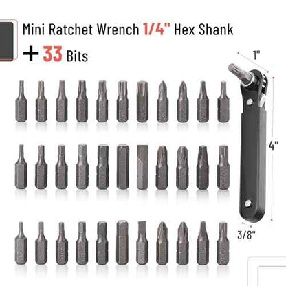 Bates Choice Mini Ratchet Set, 34 pcs, Cr-V Steel, 1/4" Low Profile Right Angle Screwdriver, 1/4 Bit Set, Red Storage Box, Screwdriver Bit Sets