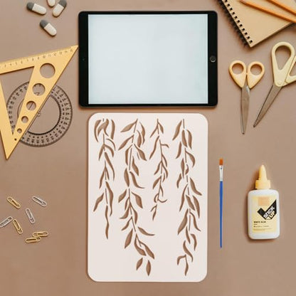 FINGERINSPIRE 3 PCS Willow Leaves Painting Stencil with a Paint Brush 8.3x11.7inch 3 Styles Weeping Leaves Stencil Leaves Vines Template for Painting on Wall Wood Furniture DIY Home Decoration