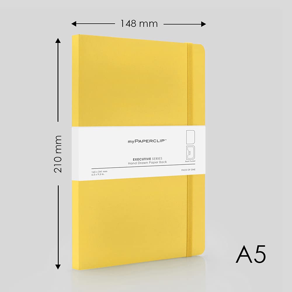myPAPERCLIP Executive Series A5 Plain Notebook | 192 Pages, 80 GSM, Soft Cover, A5 (5.83 x 8.27 in) | Flat Lay | Bookmark, Elastic Closure & Back Pocket | Yellow