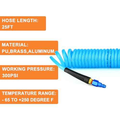 GASHER 1/4" x 25FT Reinforced Polyurethane Recoil Air Hose With Bend Restrictor, 1/4" AMT Universal Air Coupler, For Air Compressor