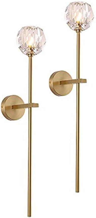 BOKT Mid Century Modern Gold Crystal Wall Sconce Set of Two Brushed Brass Gold Long Wall Sconce Lighting Set of 2 Vintage Clear Glass Hard-Wired Wall Lamp for Bedroom Bedside Living Room