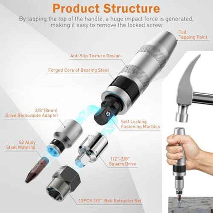 12PCS 3/8" Hand Manual Impact Driver and 8PCS 3/8" Bolt Extractor, XEWEA Reversible Impact Screwdriver Slotted,Phillips,Hexagonal Bit, for Removing & Fasteners Damaged, Rusted Screw Bolt