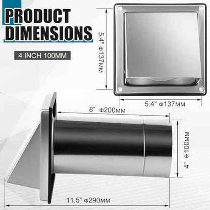 Gisafai 4" Outside Dryer Vent Cover for Exterior Walls Exhaust Vent Cap with Removable Extension Pipe Stainless Steel Hood Cushioned Non Return Flap with Sealing Gasket Grille Screen
