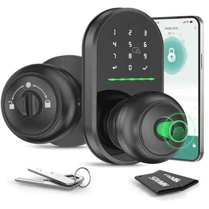 Keypad Smart Door Lock with Knob, Keyless Entry Door Lock, Fingerprint Door Knob for Front Door, Electronic Code, App Remote Control, Easy Installation, Auto Lock,Black