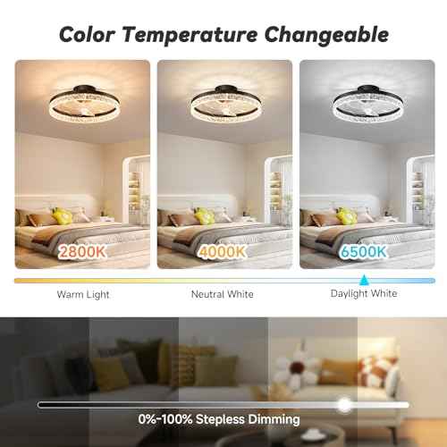 FOLKSMATE Ceiling Fan with Light and Remote, Low Profile Flush Mount Crystal Fandelier, Modern 6 Speeds Quiet Reversible, 2800-6500K Dimmable LED, Timer Fan Light for Bedroom Living Room Kitchen