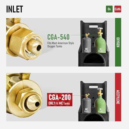 RX WELD Light Duty Oxygen Acetylene Regulator Set, CGA-540 Oxygen/CGA-200 Acetylene (For Small MC Tanks), Outlet 3/8"-24 A-Size