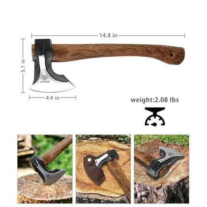 Camping Hatchet, 14.2-inch Splitting Axe with Leather Sheath, Chopping Axe 1065 High Manganese Steel and Hickory Handle