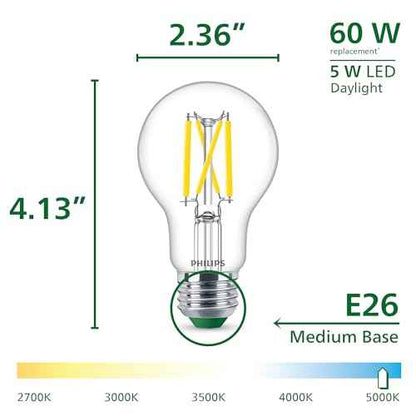 PHILIPS A19 Ultra Efficient Clear Dimmable LED Light Bulbs - Flicker-Free 60w Light Bulbs with EyeComfort Technology - Daylight 5000K - 800 Lumen - E26 Base - 8 Pack