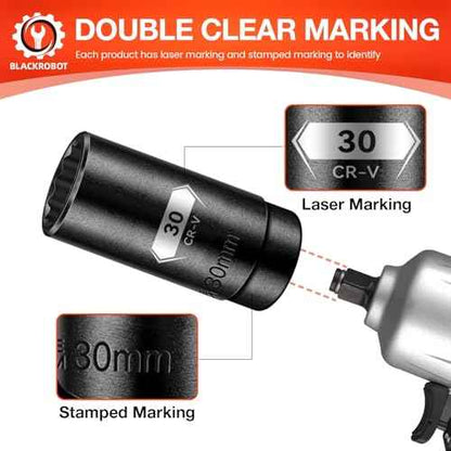 BLACKROBOT 30 mm 12-Point Deep Impact Socket, 1/2 Inch Drive, Metric, Cr-V Steel With Black Manganese Phosphate Coating