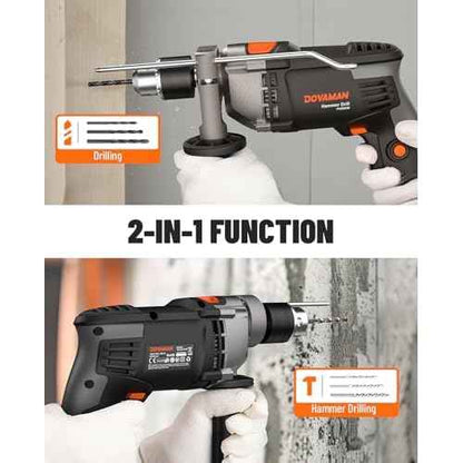 DOVAMAN PHD03B 7.5A Corded Hammer Drill, 1/2'' Impact Drill with Variable Speed 0?3000RPM, Metal Chuck, 2 Modes for Concrete, Wood, Metal ? Includes Bits & Carrying Case